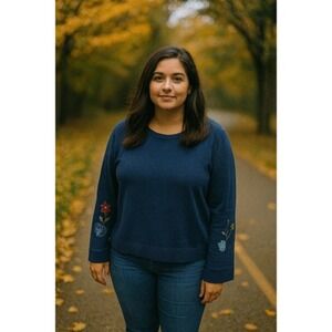 Faded Glory Women XL Navy Blue Embroidered Floral Long Sleeve Sweater Top Casual